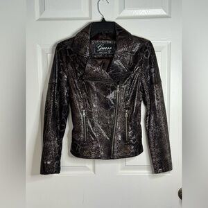 Guess Brown Leather Moto Jacket Snakeskin Print Size  XS